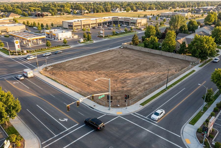 Aerial view of a vacant commercial corner lot at a signalized intersection ready for net-lease development