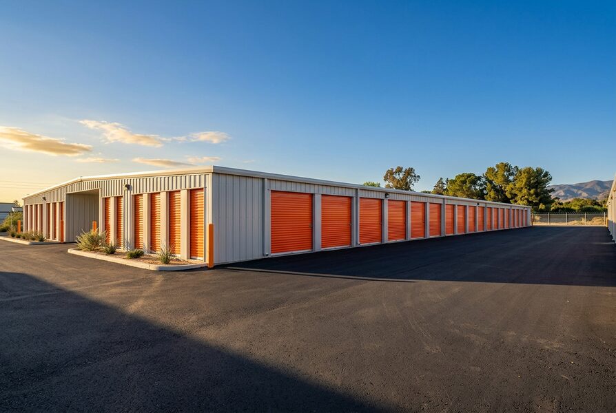 Exterior of a modern self-storage facility with rows of orange rollup doors